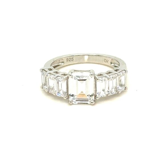 Sparkling 925 Silver Emerald Cut CZ’s Ring - Picture 1 of 10